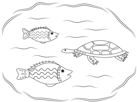 Turtle And Fishes Aboriginal Art Coloring Page